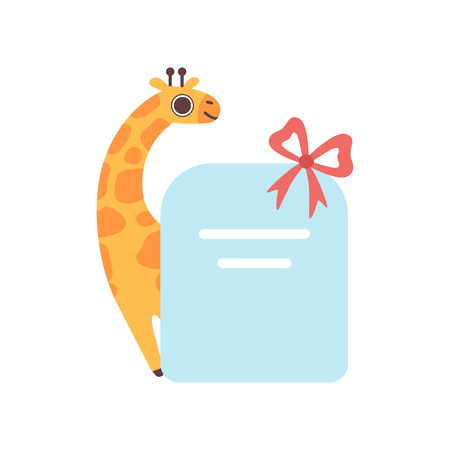 Little Giraffe Holding Empty Banner with Red Bow, Cute Cartoon Animal with Blank Sign Board Vector Illustrationのイラスト素材
