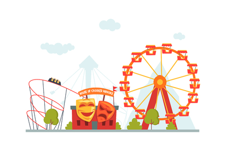 Amusement Park, House of Crooked Mirrors, Roller Coaster and Ferris Wheel Vector Illustrationのイラスト素材