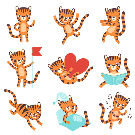 Cute Little Tiger in Different Situations Set, Funny Adorable Wild Animal Cartoon Character Vector Illustrationのイラスト素材