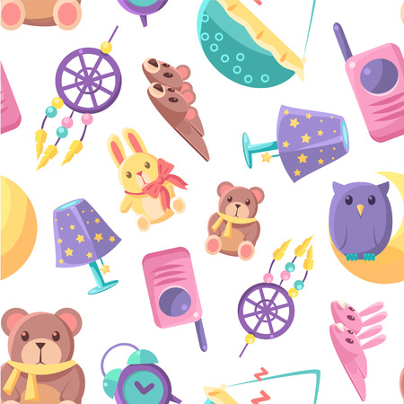 Baby Shop Seamless Pattern with Goods for Babies, Cute Baby Shower Design Element Can Be Used for Fabric, Wallpaper, Packaging, Background Vector Illustration.のイラスト素材