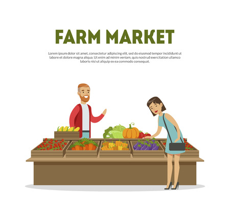 Farm Market, Cheerful Male Farmer Selling Vegetables on Stall Vector Illustration on White Background.のイラスト素材