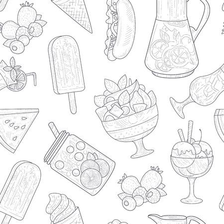 Summer Food Seamless Pattern, Smoothies, Ice Tea, Hot Dog, Watermelon, Ice Cream Monochrome Hand Drawn Vector Illustration, Backgroundのイラスト素材