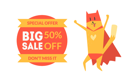 Big Sale Special Offer, 50 Percent Off Banner with Red Funny Cat Vector Illustration on White Background.のイラスト素材