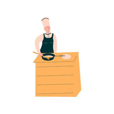 Female Cook Baking Pancakes, Professional Kitchener Character in Uniform Preparing Delicious Dish Vector Illustration on White Background.のイラスト素材