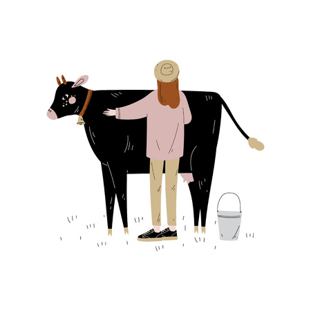 Woman Standing Next to Spotted Cow, Dairy Cattle Animal Husbandry Breeding Vector Illustration on White Background.のイラスト素材