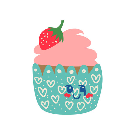 Cute Delicious Cupcake Cartoon Character, Adorable Kawaii Dessert with Strawberry Vector Illustration on White Background.のイラスト素材