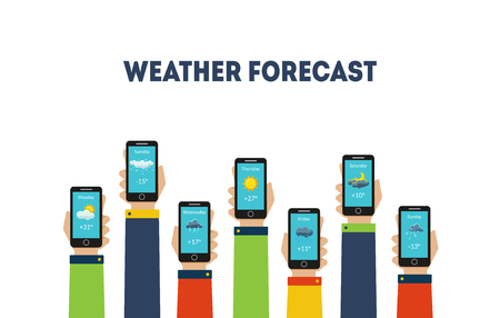 Human Hands Holding Smartphones with Weather Forecast Applications Vector Illustration on White Background.のイラスト素材