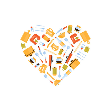 Various Kitchen Utensils in Shape of Heart Vector Illustration on White Background.のイラスト素材