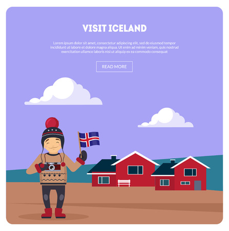 Visit Iceland Banner, Landscape with Little Houses and Happy Traveler Vector Illustration, Web Designのイラスト素材