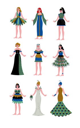Collection of Beautiful Girls Wearing Elegant Peacock Feather Dresses Vector Illustration on White Background.のイラスト素材