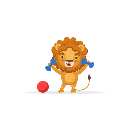 Lion Exercising with Dumbbells, Cute African Animal Cartoon Character Vector Illustration on White Background.のイラスト素材