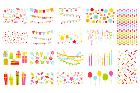 Party elements big set, pennants, flags, garlands, candles, balloons, presents, stars colorful vector Illustration isolated on a white background.のイラスト素材