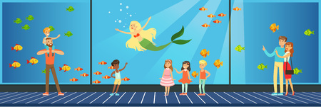 People visiting an oceanarium, children watching underwater scenery with sea animals vector Illustration in flat style, web designのイラスト素材