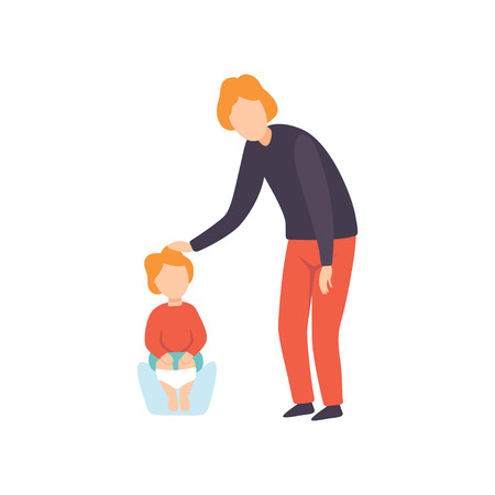Cute Little Toddler Baby Sitting on Potty, Parent Taking Care of His Child Vector Illustration on White Background.のイラスト素材