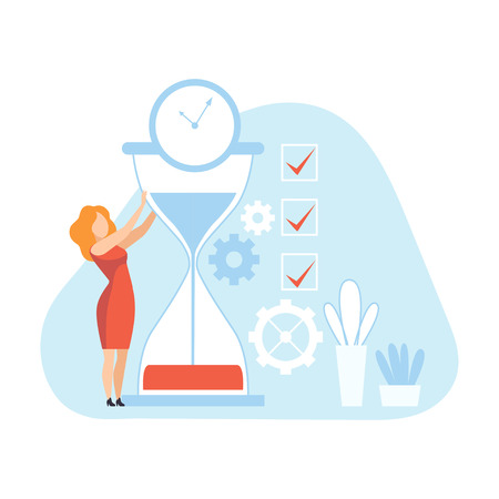 Businesswoman with Hourglass, Female Office Worker Planning, Organizing, Controlling Working Time Vector Illustration on White Background.のイラスト素材