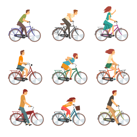 People Riding Bicycles Set, Men and Women on Bikes Vector Illustration on White Background.のイラスト素材