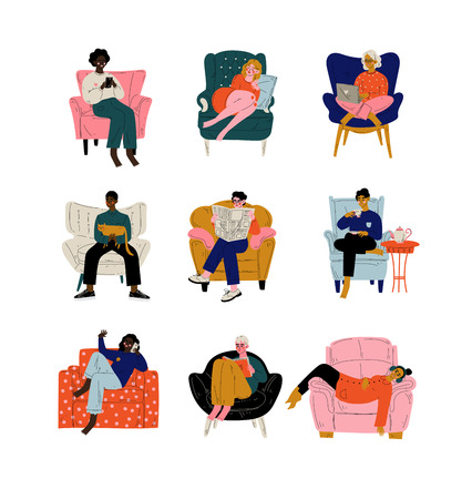 People Sitting at Home in Comfortable Armchair Set, Men and Women Resting, Drinking Tea or Coffee, Working on Laptop, Reading, Talking on Phone Vector Illustration on White Background.の販売画像