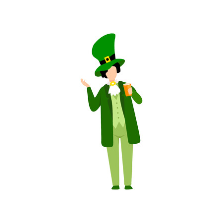 Young Man in Green Irish Costume and Hat with Beer, Guy Celebrating Saint Patrick Day Vector Illustration on White Background.のイラスト素材