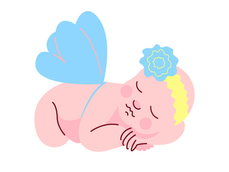 Lovely Newborn Baby Dressed in Flower Headband and Wings Sleeping Vector Illustration on White Background.のイラスト素材