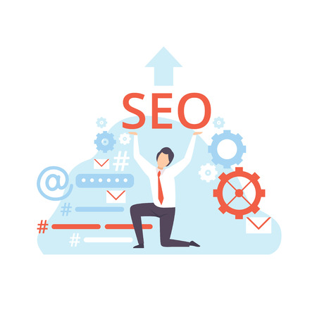 Businessman Working on SEO Optimization, Digital Content Concept, Social Media Marketing Vector Illustration on White Background.のイラスト素材