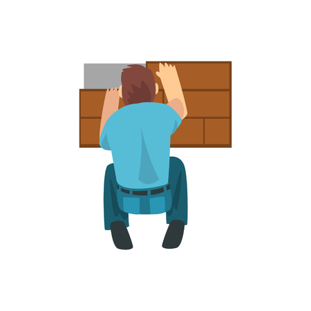 Builder Laying Laminate on Floor, Male Construction Worker Character with Professional Equipment Vector Illustration on White Background.のイラスト素材