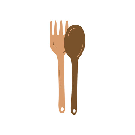 Wooden Fork and Spoon, Zero Waste Reusable Object, Eco lifestyle Concept Vector Illustration on White Background.のイラスト素材