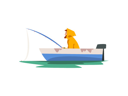 Fisherman Fishing with Rod in Motor Boat, Fishman Character in Raincoat and Rubber Boots Vector Illustration on White Background.のイラスト素材