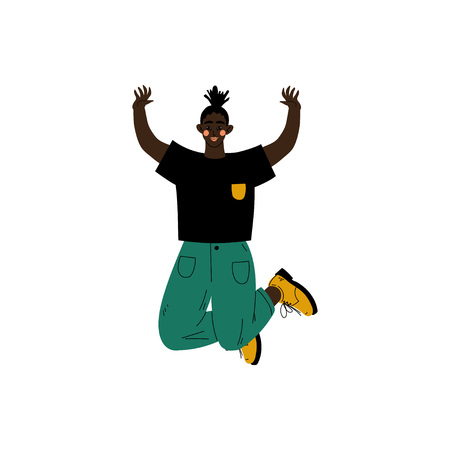 Happy African American Girl Jumping Celebrating Important Event, Dance Party, Friendship, Sport Concept Vector Illustration on White Background.のイラスト素材