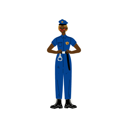 African American Woman Police Officer Character Wearing Uniform Vector Illustration on White Background.のイラスト素材