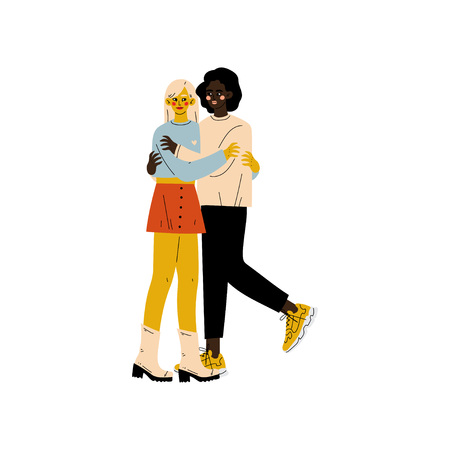 Happy Interracial Lesbian Couple, Two Hugging Women, Romantic Homosexual Relationship Vector Illustrationのイラスト素材