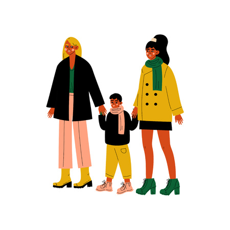 Lesbian Family, Two Women and Cute Boy Standing Together, Happy Homosexual Family with Kid Vector Illustrationのイラスト素材