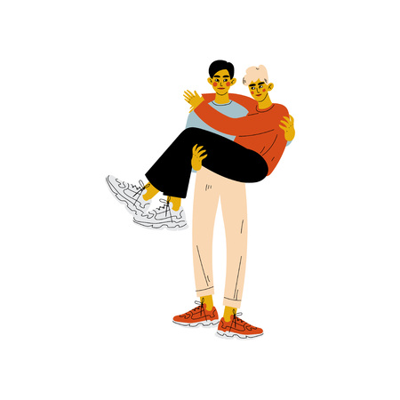 Happy Gay Male Couple, Man Holding His Lover in His Hands, Romantic Homosexual Relationship Vector Illustrationのイラスト素材