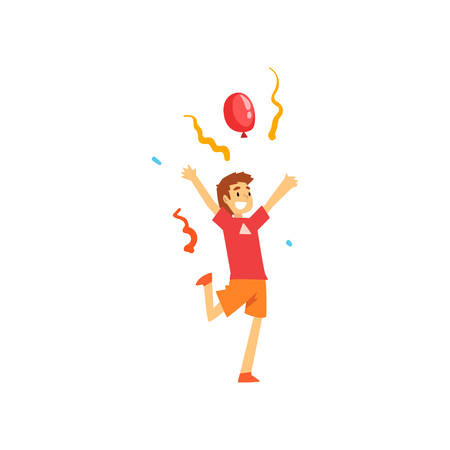 Smiling Boy Having Fun at Birthday, Carnival Party or Circus Performance Vector Illustration on White Background.のイラスト素材
