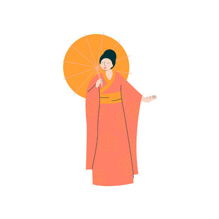 Female Opera Singer Performing On Stage, Beautiful Woman Giving Representation in Japanese Traditional Clothing Vector Illustrationのイラスト素材