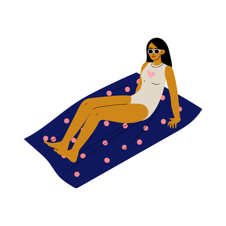 Girl in Sunglasses Lying on Her Towel Sunbathing, Beautiful Woman Relaxing on Beach on Summer Vacations Vector Illustration on White Background.のイラスト素材
