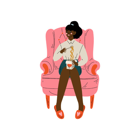 Young Woman Sitting in Armchair Eating Noodles, Girl Spending Weekend at Home and Relaxing Vector Illustration on White Background.のイラスト素材