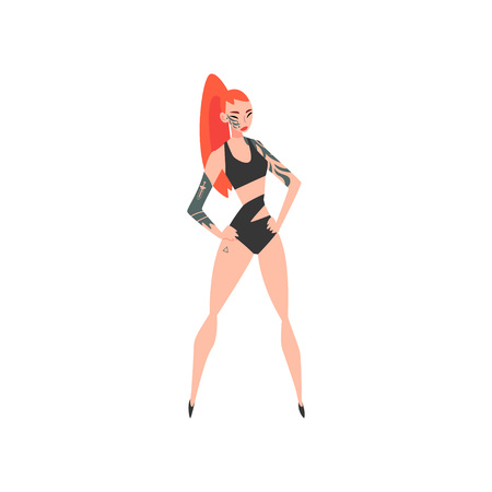Young Slim Woman with Tattoo, Beautiful Tattooed Girl Wearing Black Underwear With Colored Hair Vector Illustrationのイラスト素材
