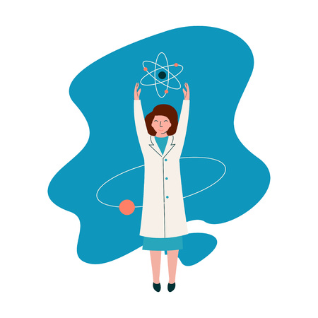 Female Scientist Physicist Character Wearing White Coat Working at Researching Lab with Atoms, Scientific Research Concept Vector Illustration on White Background.のイラスト素材
