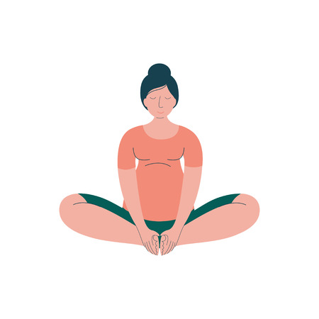 Attractive Brunette Pregnant Woman Practicing Yoga, Happy Pregnancy, Maternal Health Care Vector Illustration on White Background.のイラスト素材