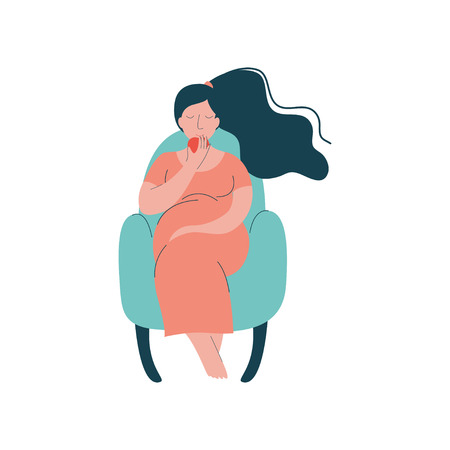 Attractive Brunette Pregnant Woman in Armchair and Eating Apple, Happy Pregnancy, Maternal Health Care Vector Illustrationのイラスト素材