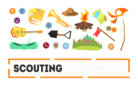Scouting Banner Template with Camping and Hiking Equipment and place for Text, Outdoor Adventure Symbols Vector Illustrationのイラスト素材