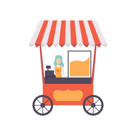 Popcorn Cart with Female Seller, Street Food Transport, Mobile Shop Vector Illustration Isolated on White Backgroundのイラスト素材