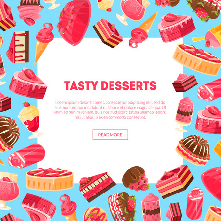 Tasty Desserts Banner Template with Place for Text, Online Candy Shop, Confectionery Vector Illustrationのイラスト素材