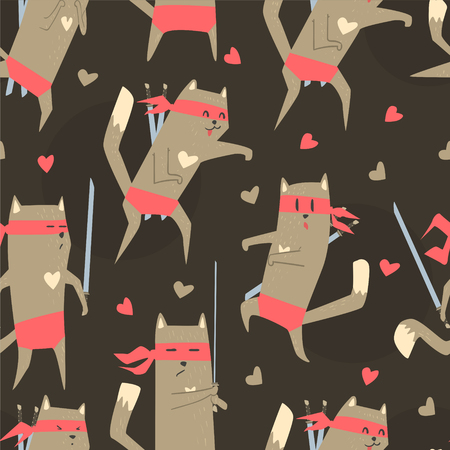 Superhero Cat Seamless Pattern, Cute Design Element Can Be Used for Fabric, Wallpaper, Packaging, Print Vector Illustrationのイラスト素材