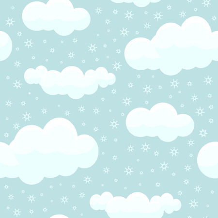 Cute Clouds with Snowflakes Seamless Pattern, Winter Design Element Can Be Used for Fabric, Wallpaper, Packaging Vector Illustrationのイラスト素材