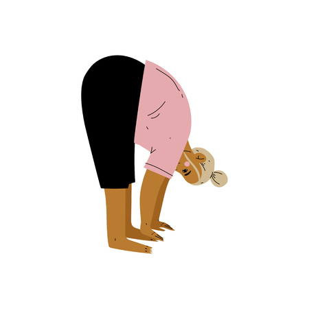 Plump Woman in Forward Bend Pose, Curvy Girl Practicing Yoga, Healthy Lifestyle Vector Illustration on White Background.のイラスト素材