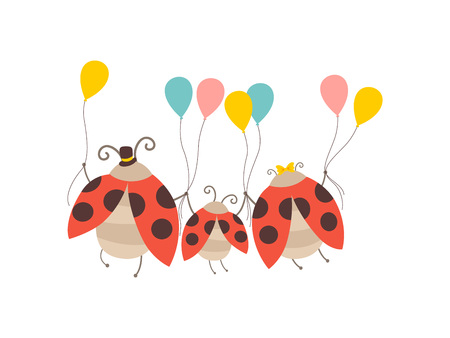 Happy Ladybug Family, Cheerful Mother, Father and Their Baby Holding Colorful Balloons, Back, View, Cute Cartoon Insects Characters Vector Illustrationのイラスト素材