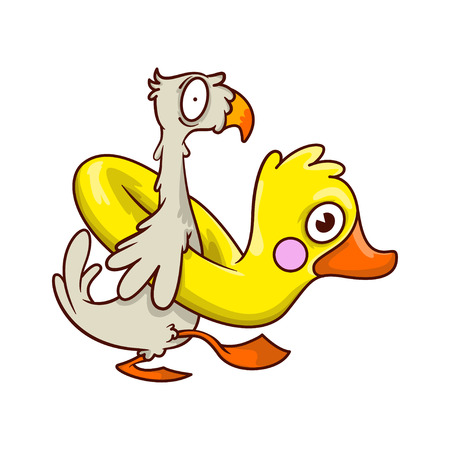 Funny tropical bird with inflatable rubber in shape of yellow duck. Cartoon character. Beach vacation theme. Graphic element for postcard or poster. Colorful vector design isolated on white backgroundのイラスト素材