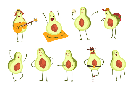 Avocado cartoon characters set, emotional avocados in different situations vector Illustration isolated on a white background.のイラスト素材