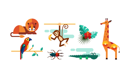 Collection of cute animals, lion, monkey, parrot, crocodile, giraffe, palm leaves vector Illustrationのイラスト素材